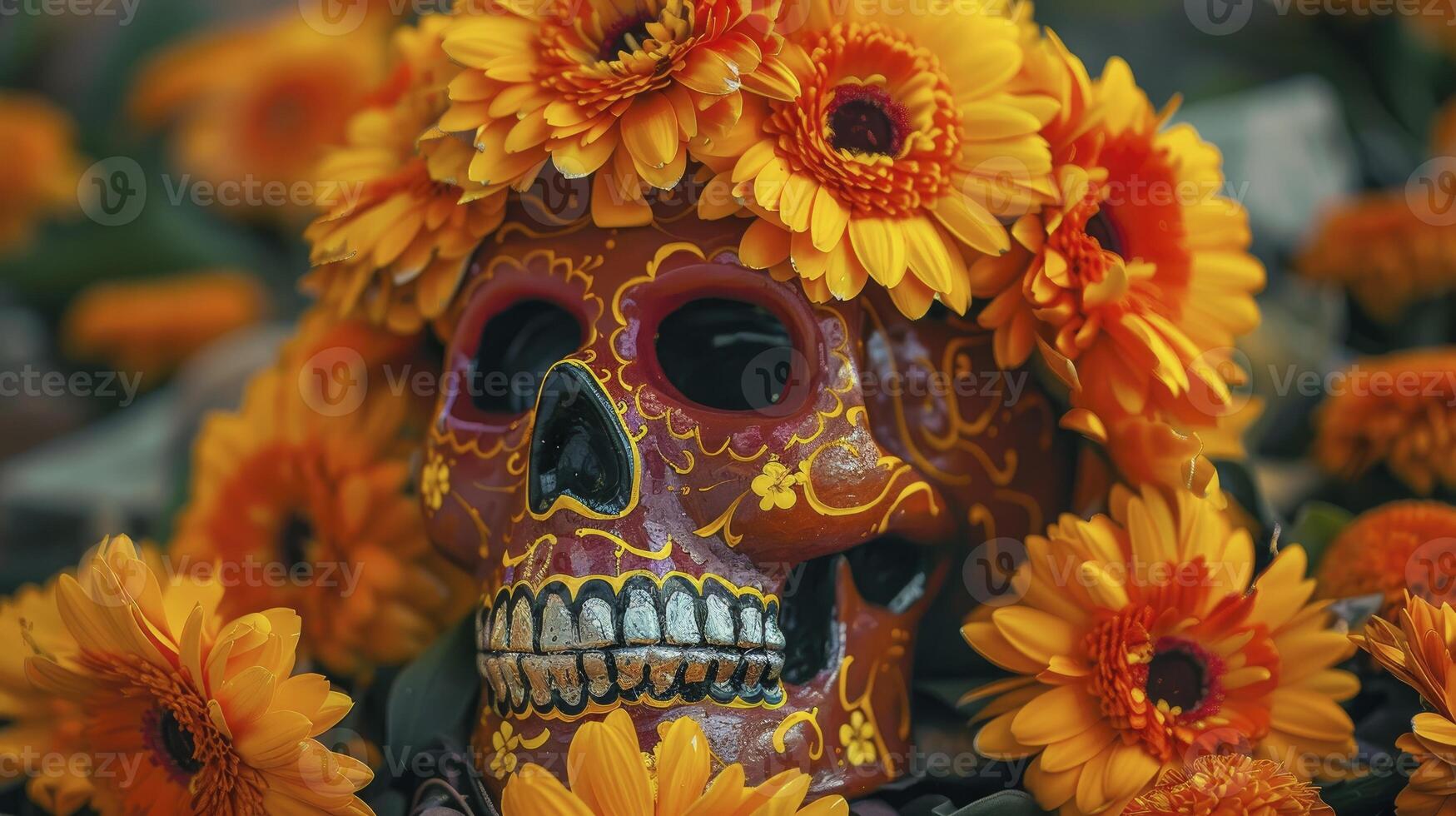 ai gegenereerd oranje schedel met bloemen, cinco de mayo dag concept foto