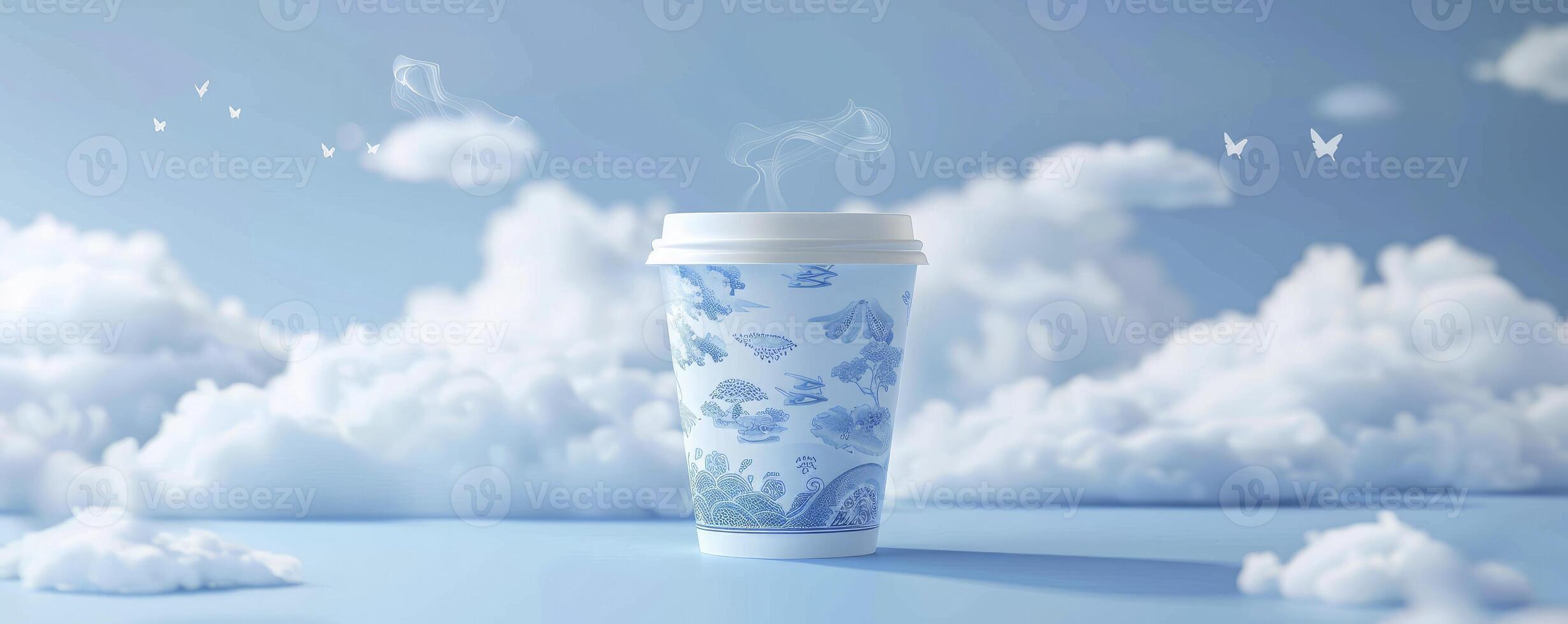 ai gegenereerd voortreffelijk koffie kop verpakking. blauw en wit porselein ontwerp met reliëf Verlichting, met thee plukken scènes, wolk motieven, en glas textuur. foto