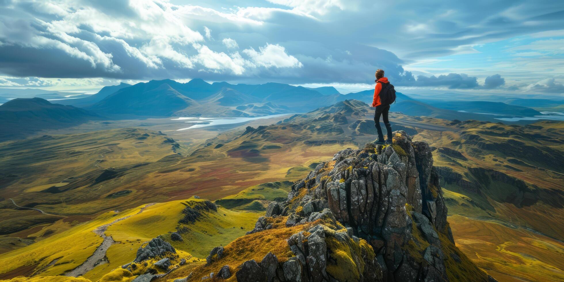 ai gegenereerd reizen avonturen spannend beeld van een persoon verkennen een adembenemend berg landschap, inspirerend reislust foto