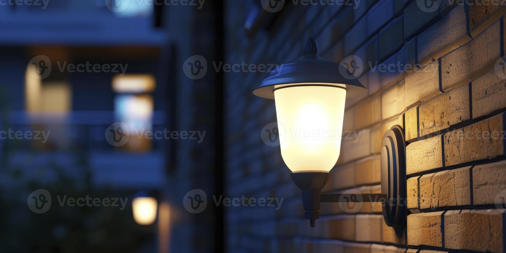 ai gegenereerd nacht gloed. detailopname van een muur lamp verhelderend de verbinding muur met helder wit licht, toevoegen elegantie naar de nacht tafereel. foto