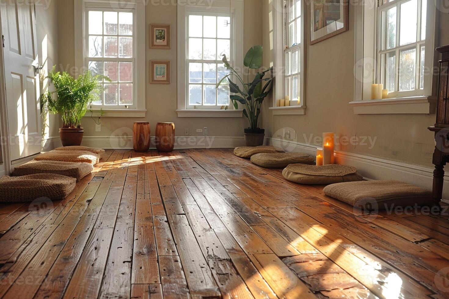 ai gegenereerd vredig yoga studio met natuurlijk hout vloeren en rustgevend kleuren foto