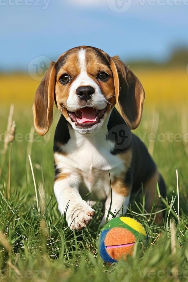 ai gegenereerd blij brak puppy is hebben pret spelen met een bal in de weide foto
