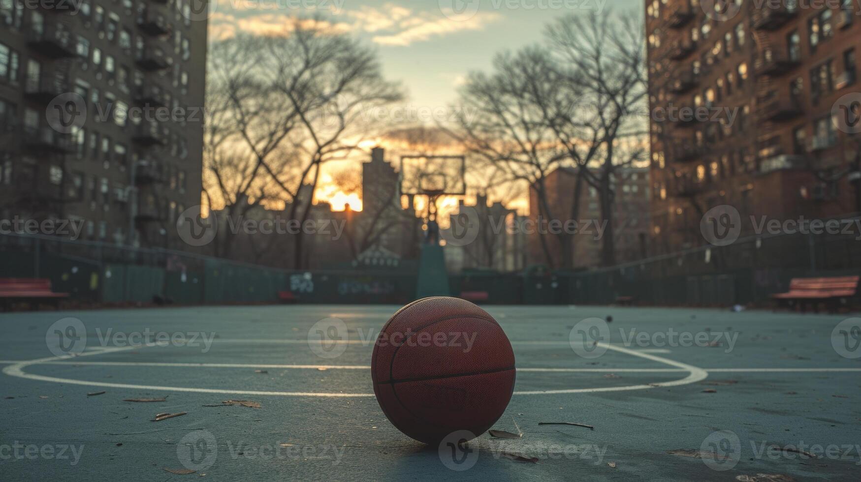 ai gegenereerd basketbal nog steeds in de midden- van een leeg stad basketbal rechtbank foto