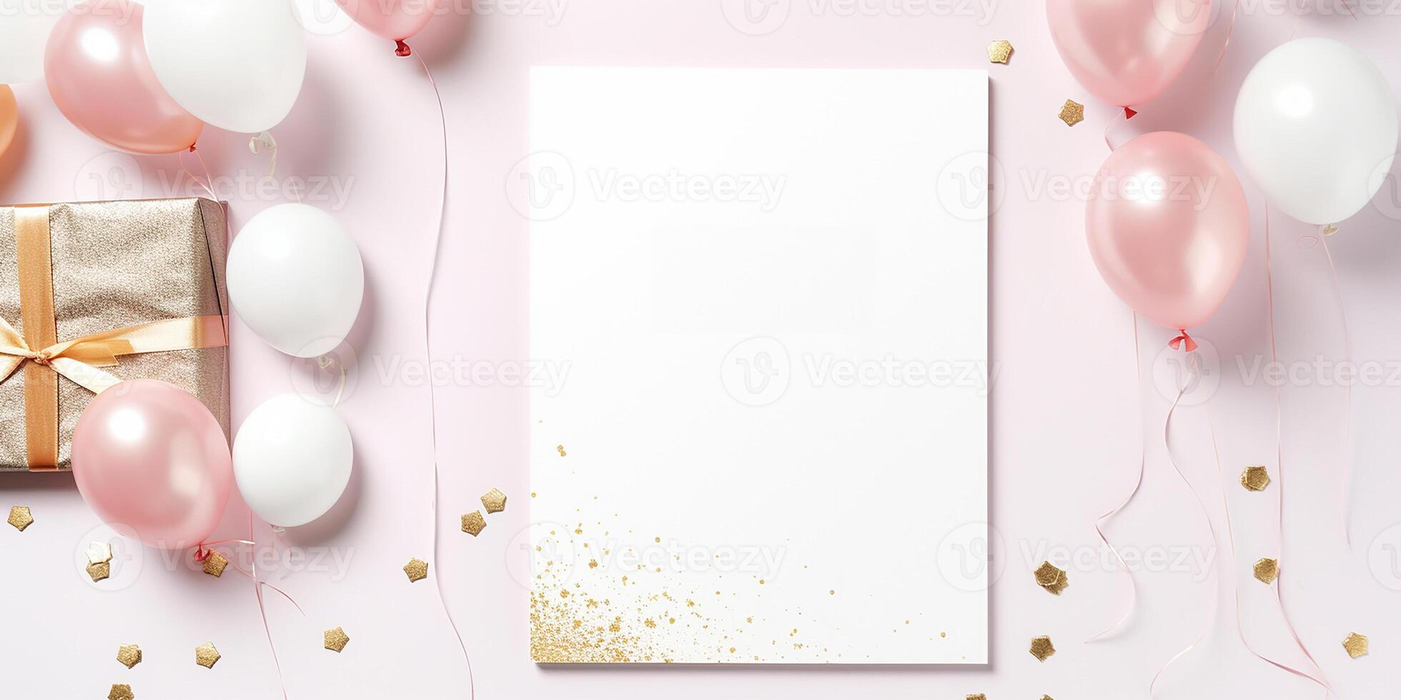 ai gegenereerd vlak leggen verjaardag kaart model. wit vel Aan een roze achtergrond, met goud sparkles en ballonnen. ruimte voor tekst foto