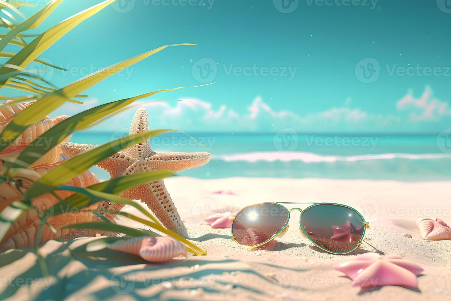 ai gegenereerd een sereen strand met palm bomen en een zeester genesteld in de zand foto