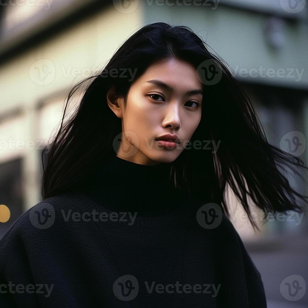 ai gegenereerd fotorealistisch portret van een jong Aziatisch vrouw model- tegen een stad achtergrond foto
