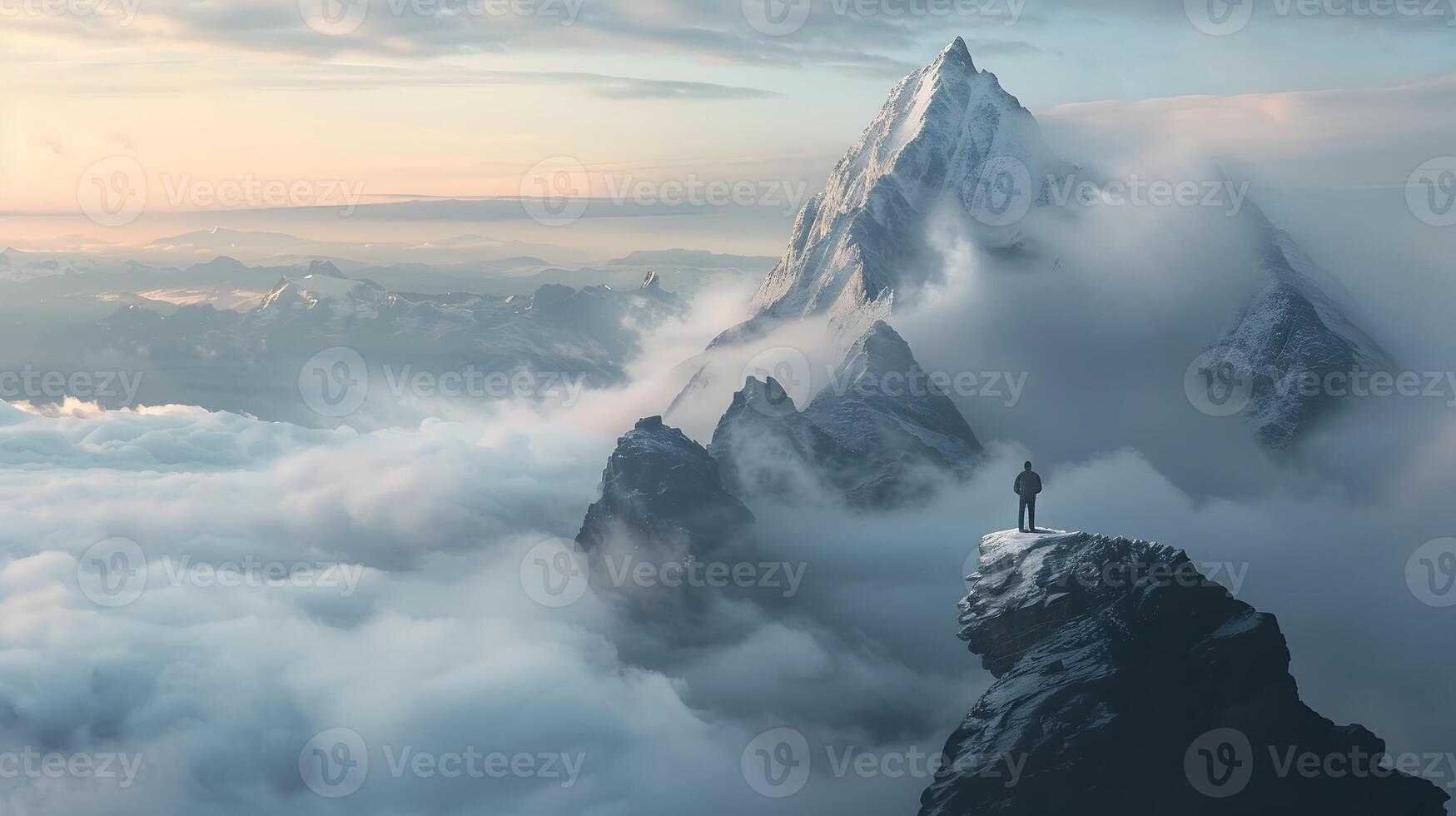 ai gegenereerd ochtend- top wacht eenzaam avonturier met uitzicht aanbreekt majestueus berg uitdaging foto