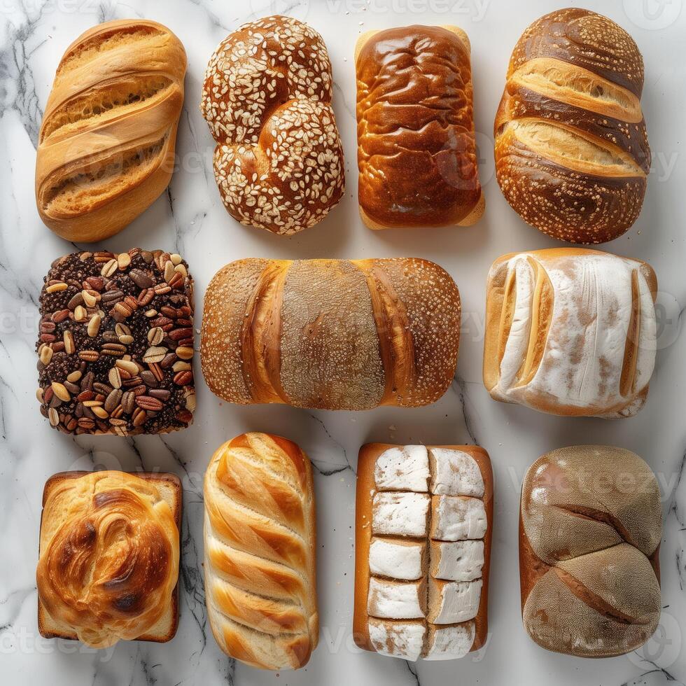 ai gegenereerd verschillend types van brood Aan een wit achtergrond. bakkerij producten. foto