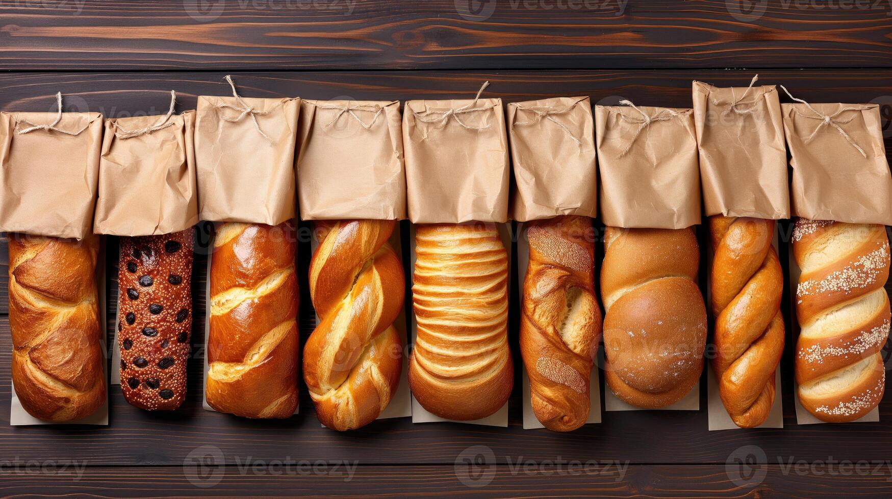 ai gegenereerd assortiment van vers brood in papier Tassen Aan houten achtergrond, top visie foto