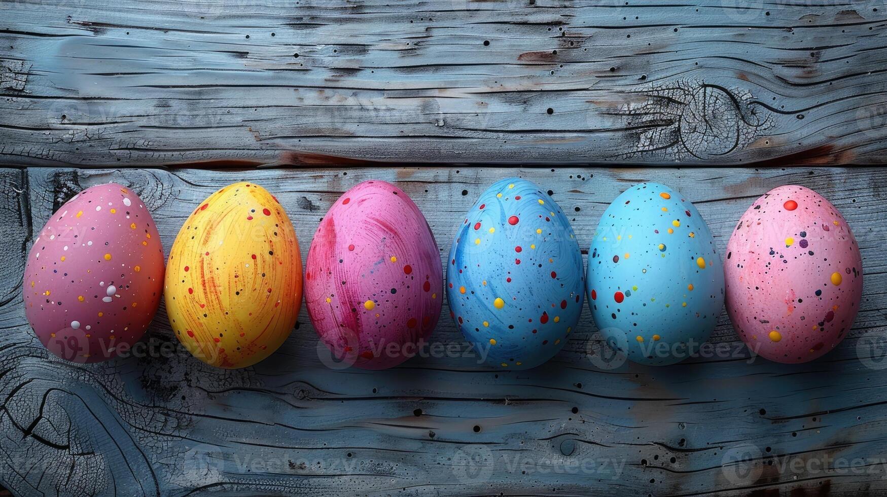 ai gegenereerd Pasen eieren geschilderd in pastel kleuren Aan rustiek houten achtergrond foto