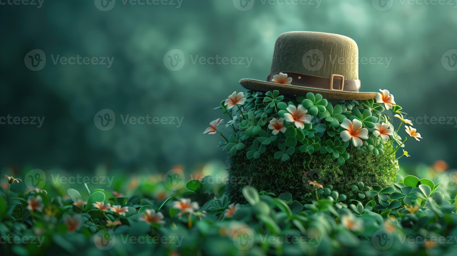 ai gegenereerd 3d renderen van een groen elf van Ierse folklore hoed staand Aan top van een bloem pot foto