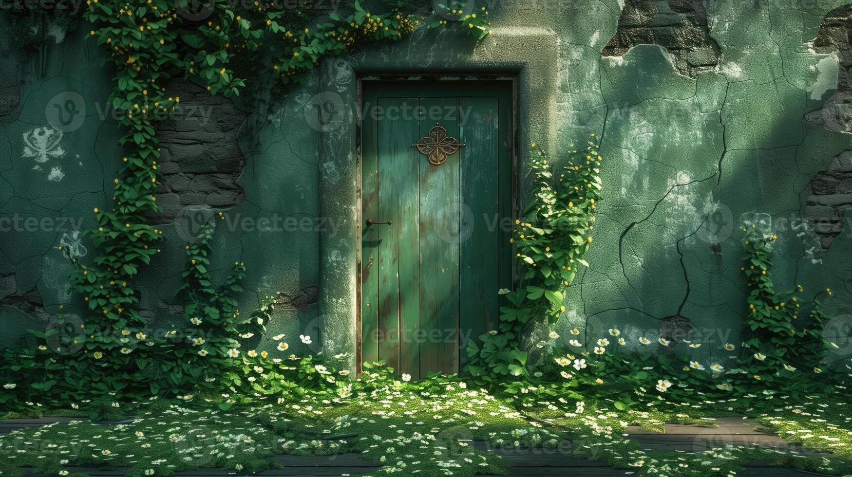 ai gegenereerd groen deur met klimop en bloemen. 3d geven illustratie. st. Patrick dag foto