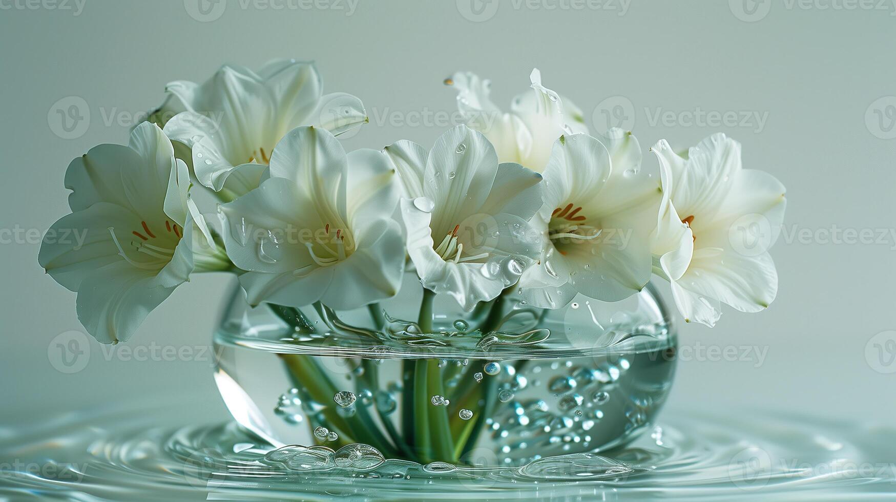 ai gegenereerd wit gladiolen in een glas vaas met water rimpelingen foto