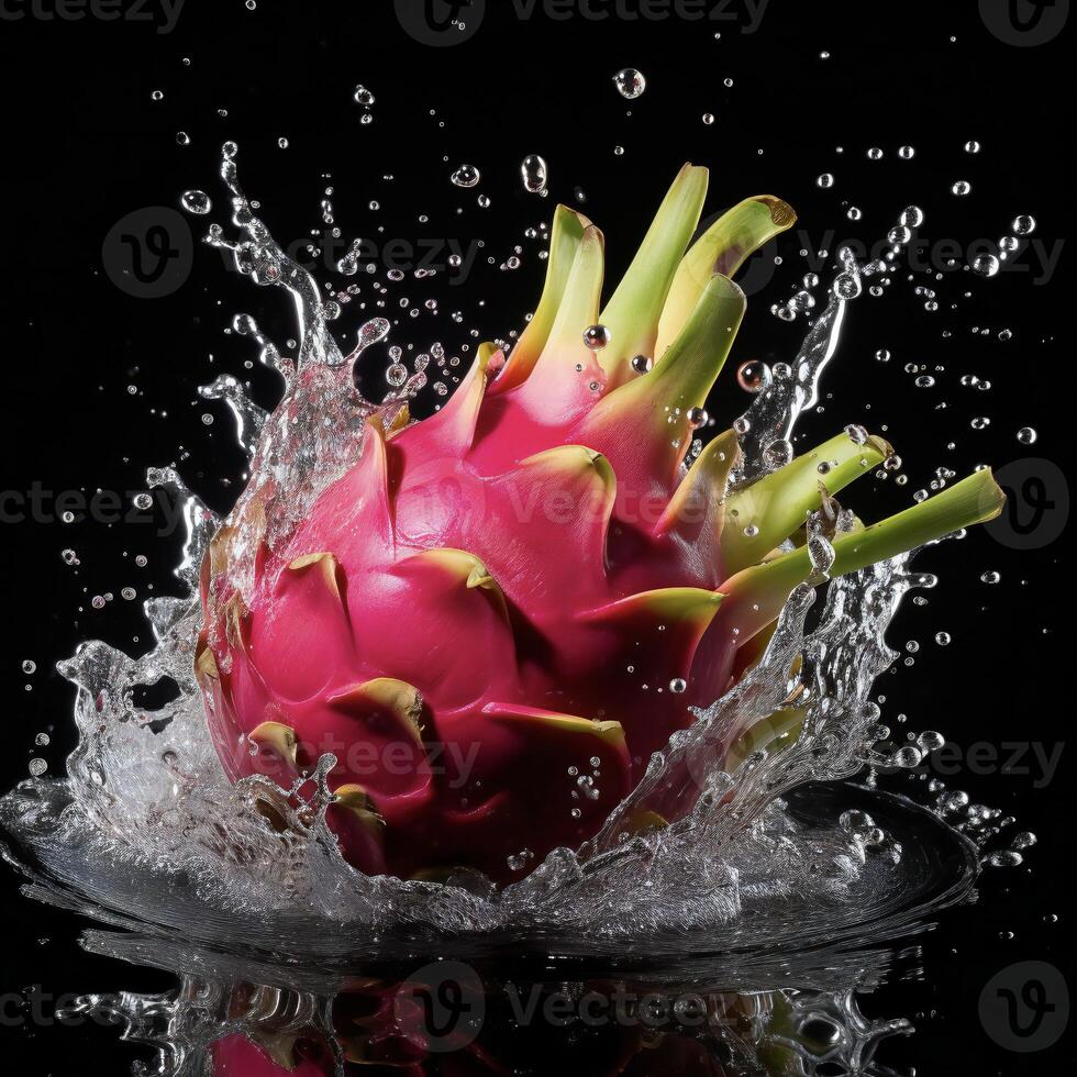 ai gegenereerd een draak fruit is spatten water foto