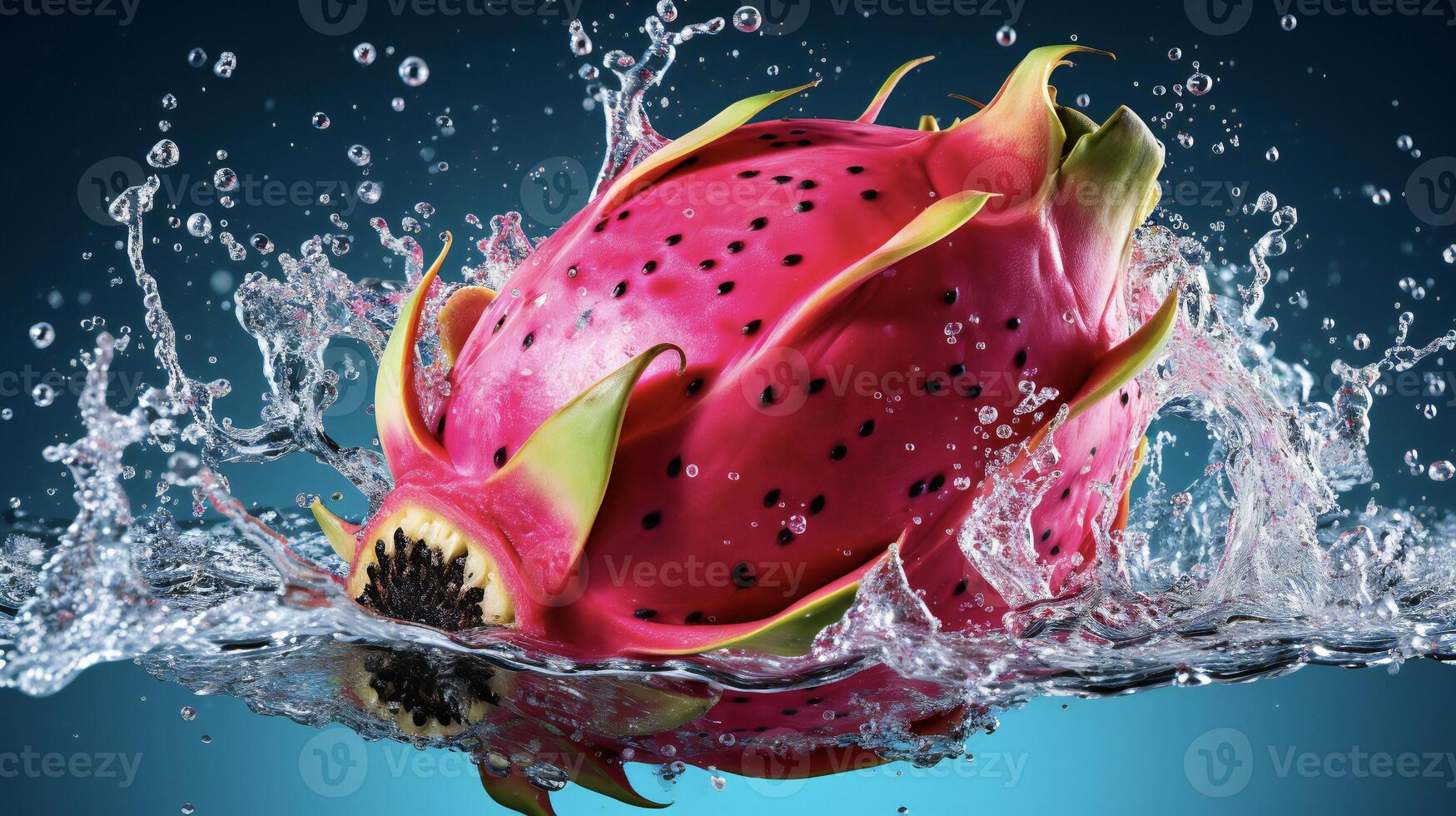 ai gegenereerd een draak fruit is spatten water foto