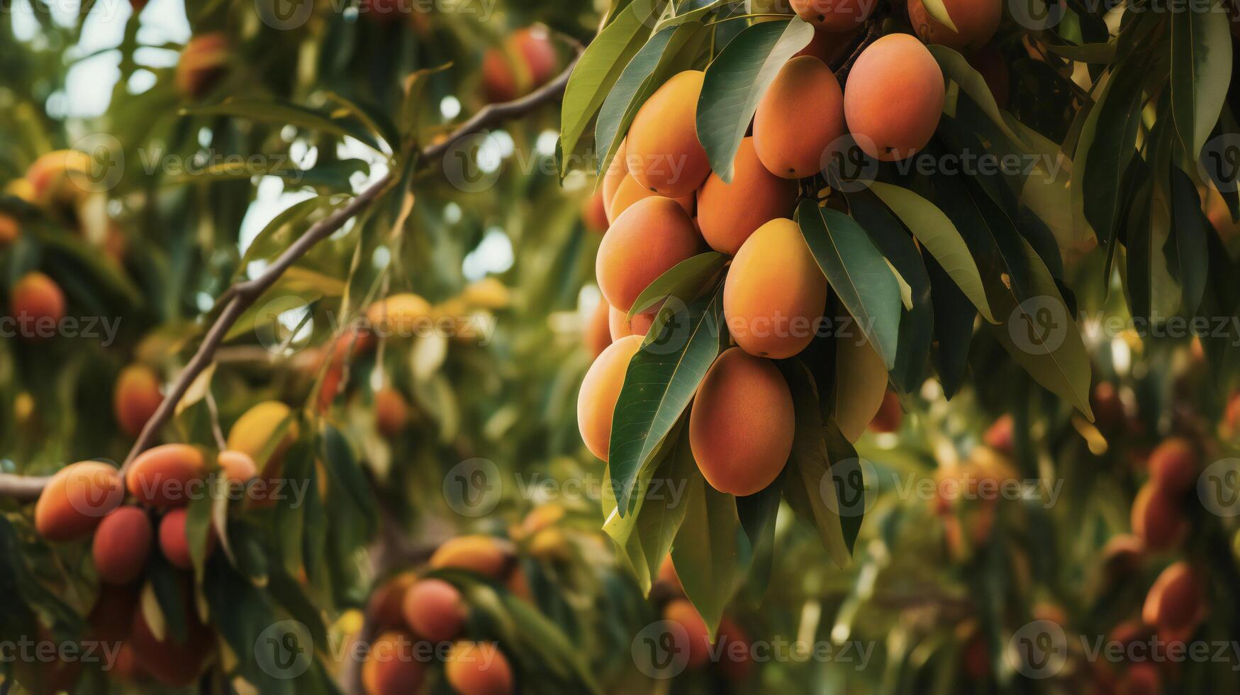 ai gegenereerd mango boom in de boomgaard foto