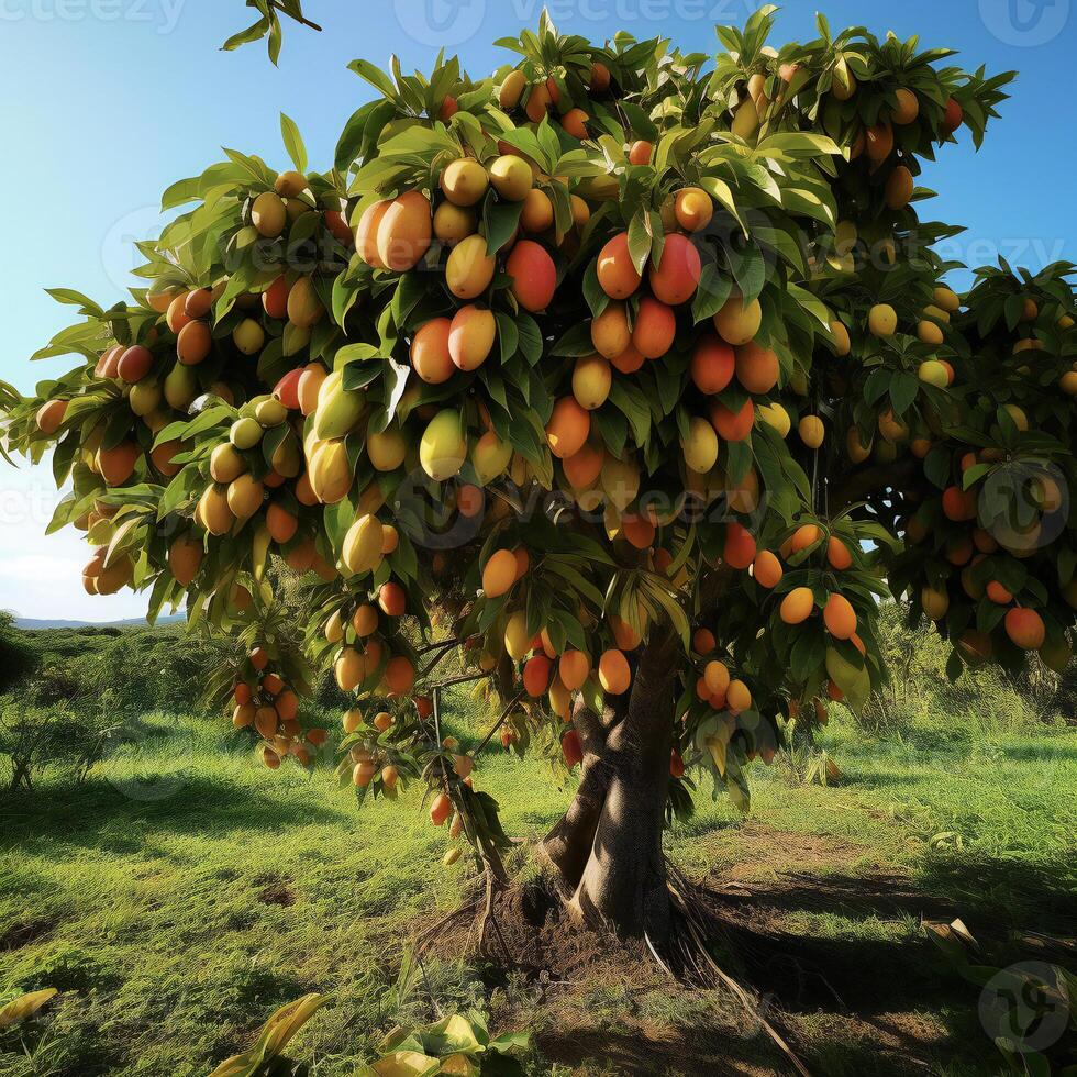 ai gegenereerd mango boom in de boomgaard foto