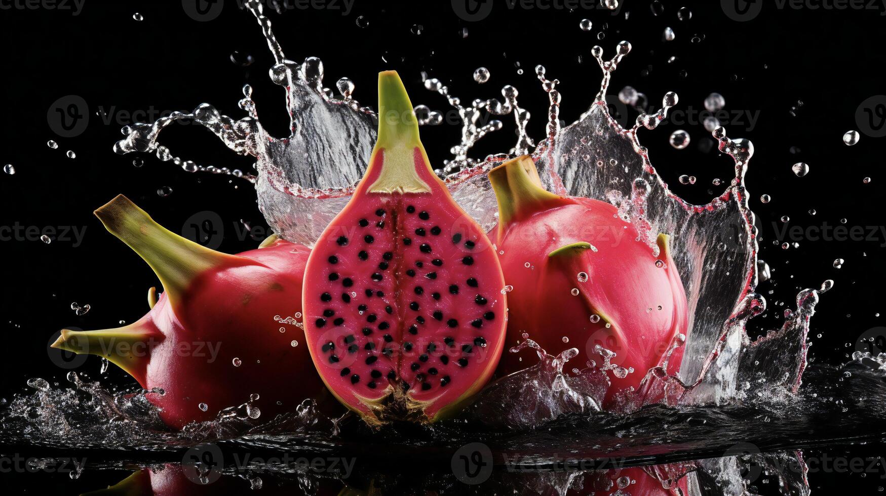 ai gegenereerd een draak fruit is spatten water foto