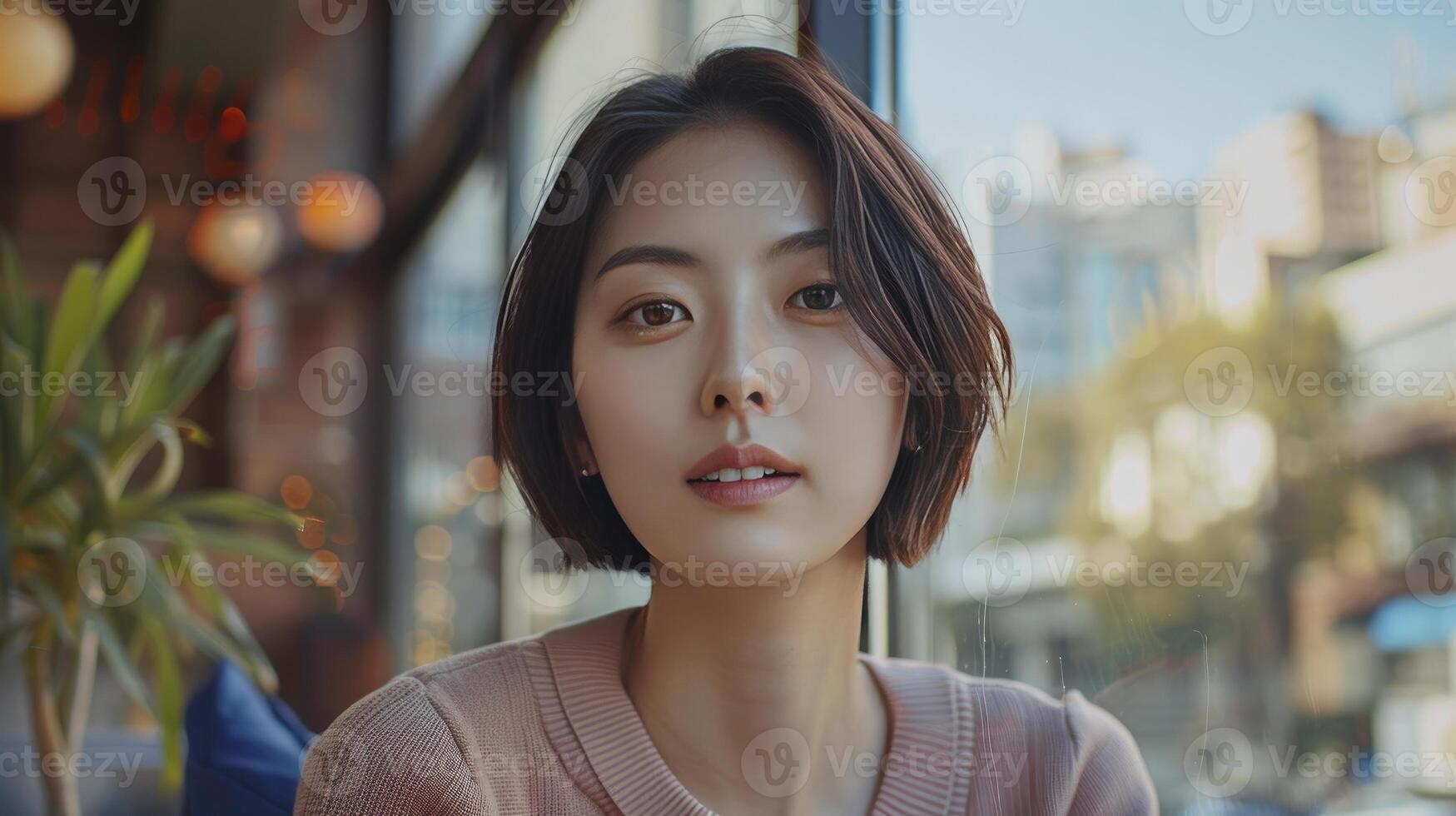 ai gegenereerd Koreaans Dames model, 30 jaren oud, sporting een glimlachen uitdrukking, met mooi ogen en een Rechtdoor bob kapsel foto