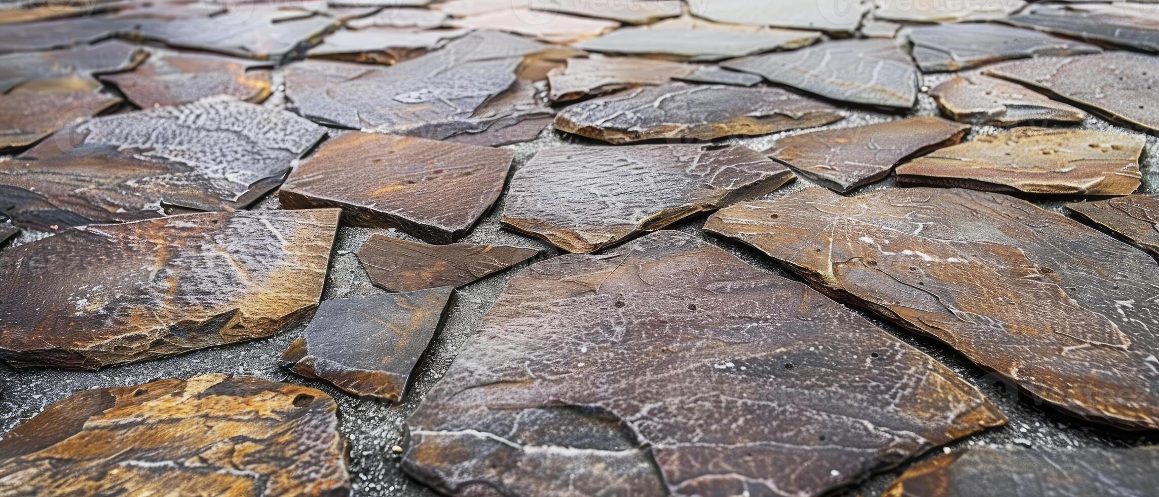 ai gegenereerd detailopname van buitenshuis vloeren gemaakt met onregelmatig porfier platen, creëren een natuurlijk en rustiek esthetisch foto