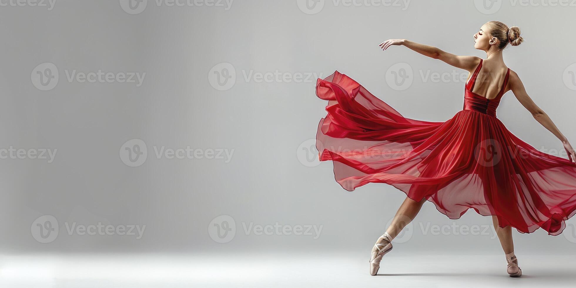 ai gegenereerd jong bevallig vrouw ballet danser, gekleed in professioneel kleding en rood gewichtloos rok, demonstreren dansen vaardigheid met evenwicht en precisie foto