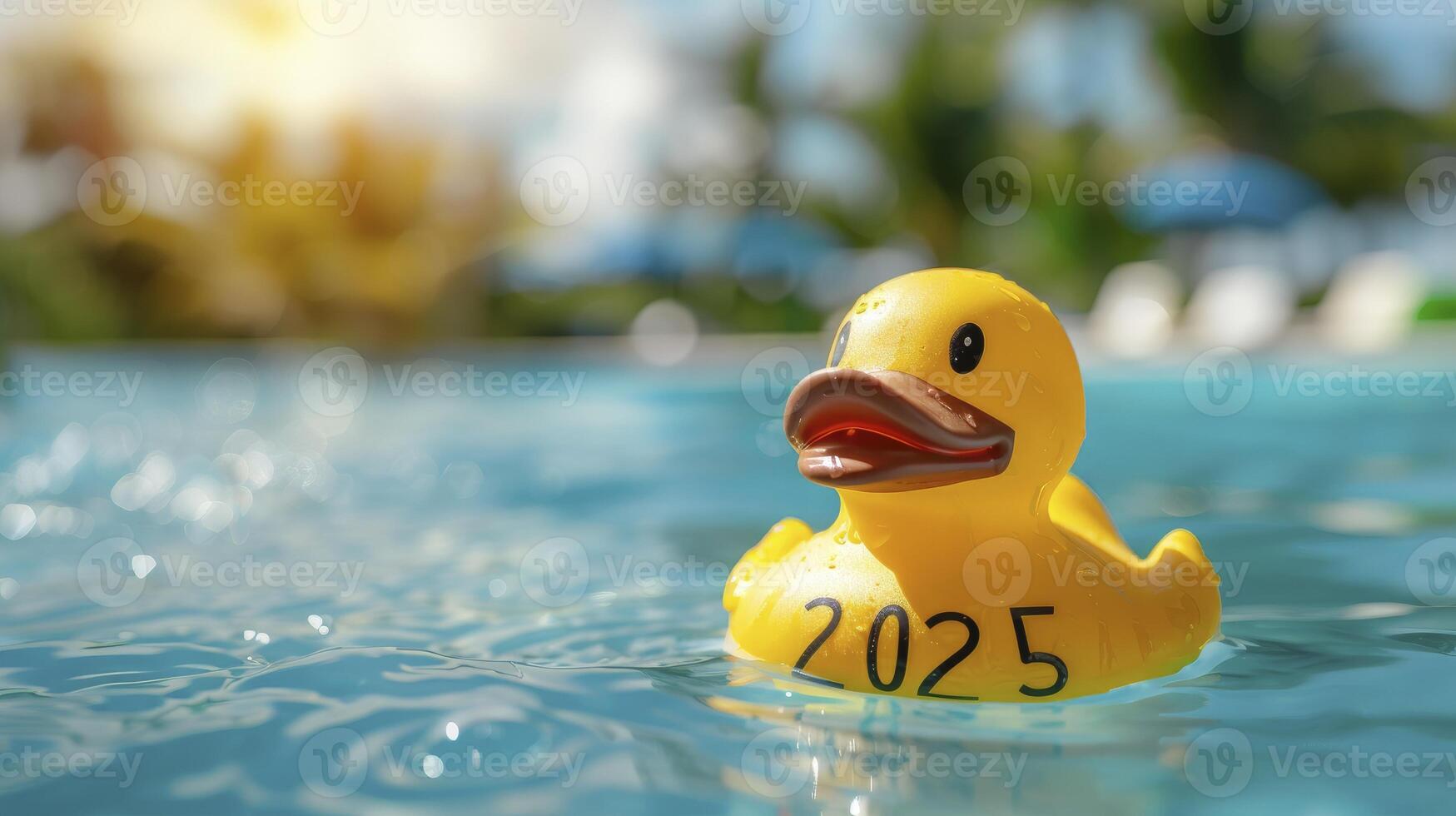 ai gegenereerd rubber eend met de aantal 2025 binnen een zwembad foto
