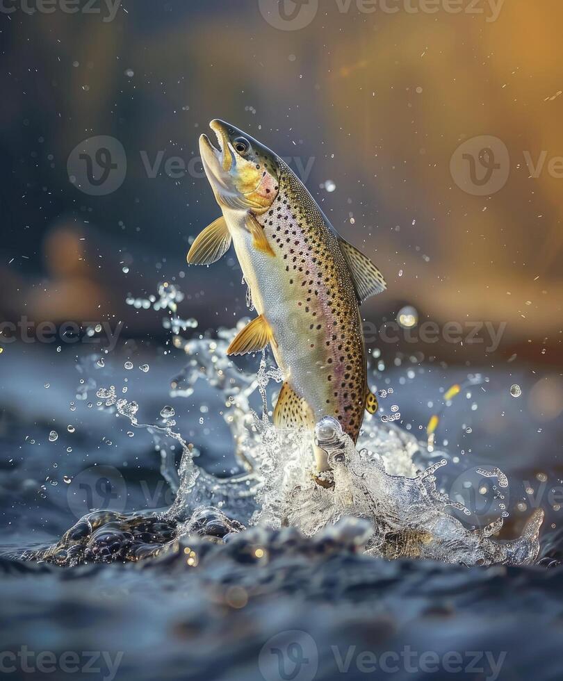 ai gegenereerd forel jumping uit van de water. visvangst concept foto