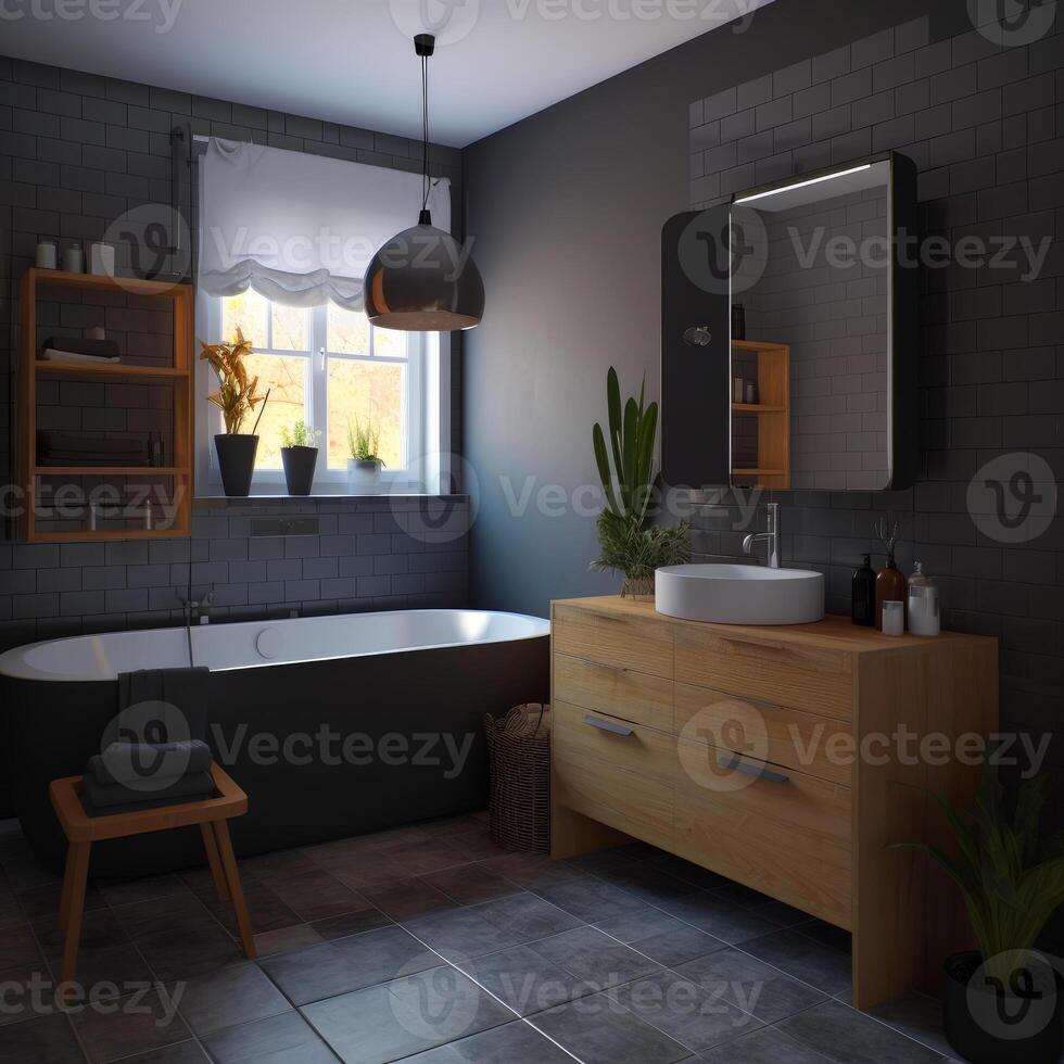 ai gegenereerd modern interieur van badkamer in stad appartement. 3d renderen foto