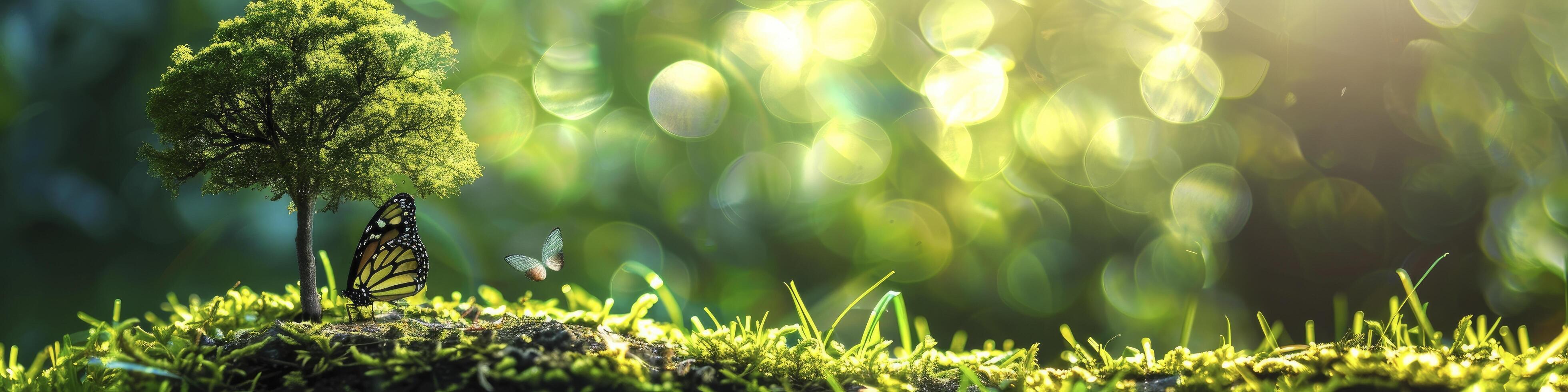 ai gegenereerd harmonie van natuur, boom bloeiend Aan aarde oppervlak, temidden van weelderig groen gras en vlinder. symboliseert wereld ecologie, milieu dag, aarde dag, en milieu behoud. foto