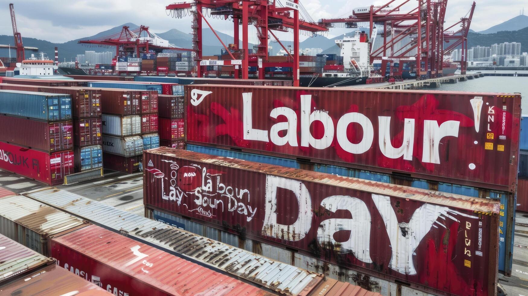 ai gegenereerd arbeid dag viering, tekst versierd Aan Verzending container, eerbiedigen arbeiders bijdragen foto