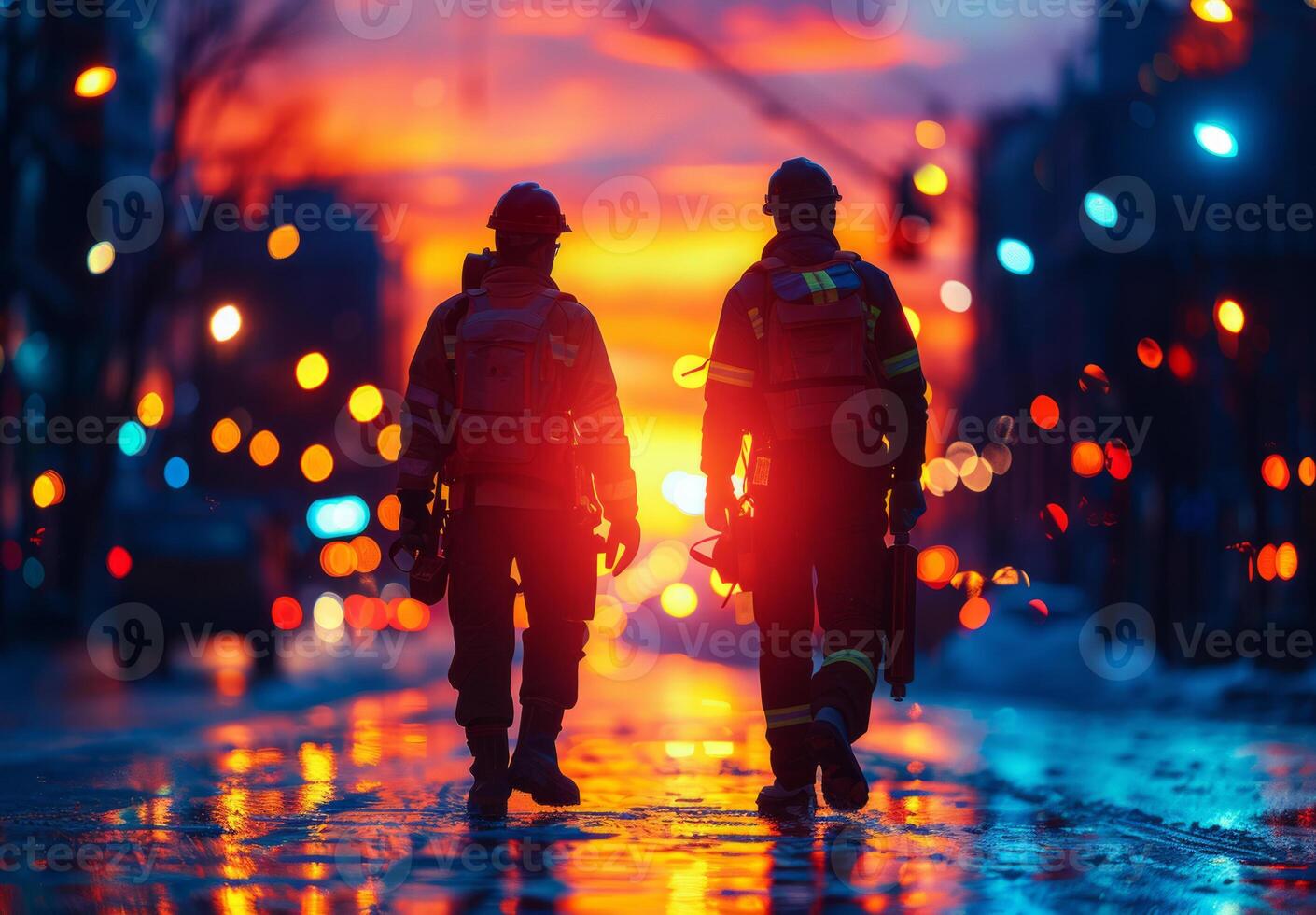 ai gegenereerd twee bouw arbeiders in de avond licht Aan een bouw Oppervlakte foto