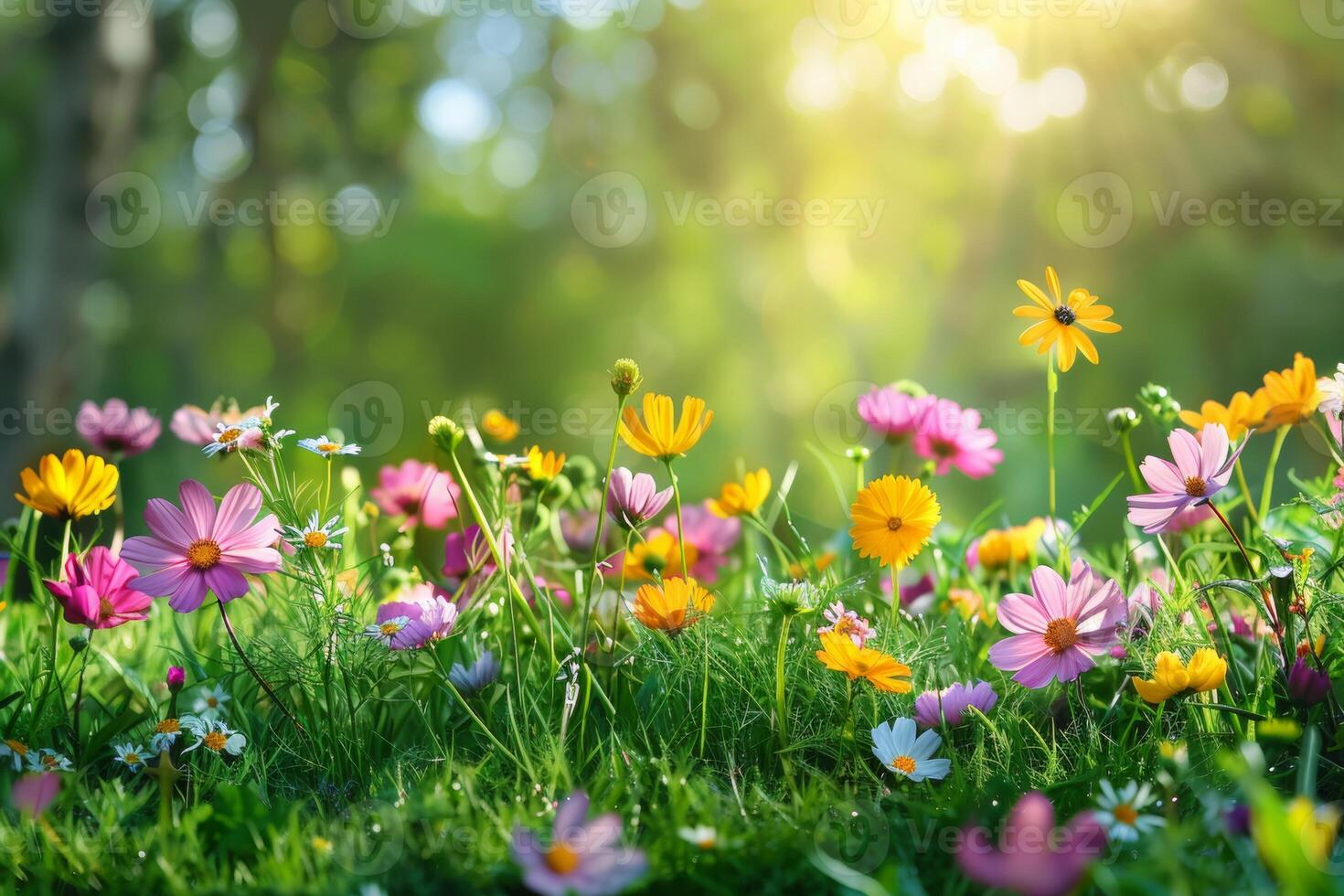 ai gegenereerd weelderig bloemen scènes presentatie van een verscheidenheid van bloesems in zacht, stralend licht met een bokeh achtergrond foto