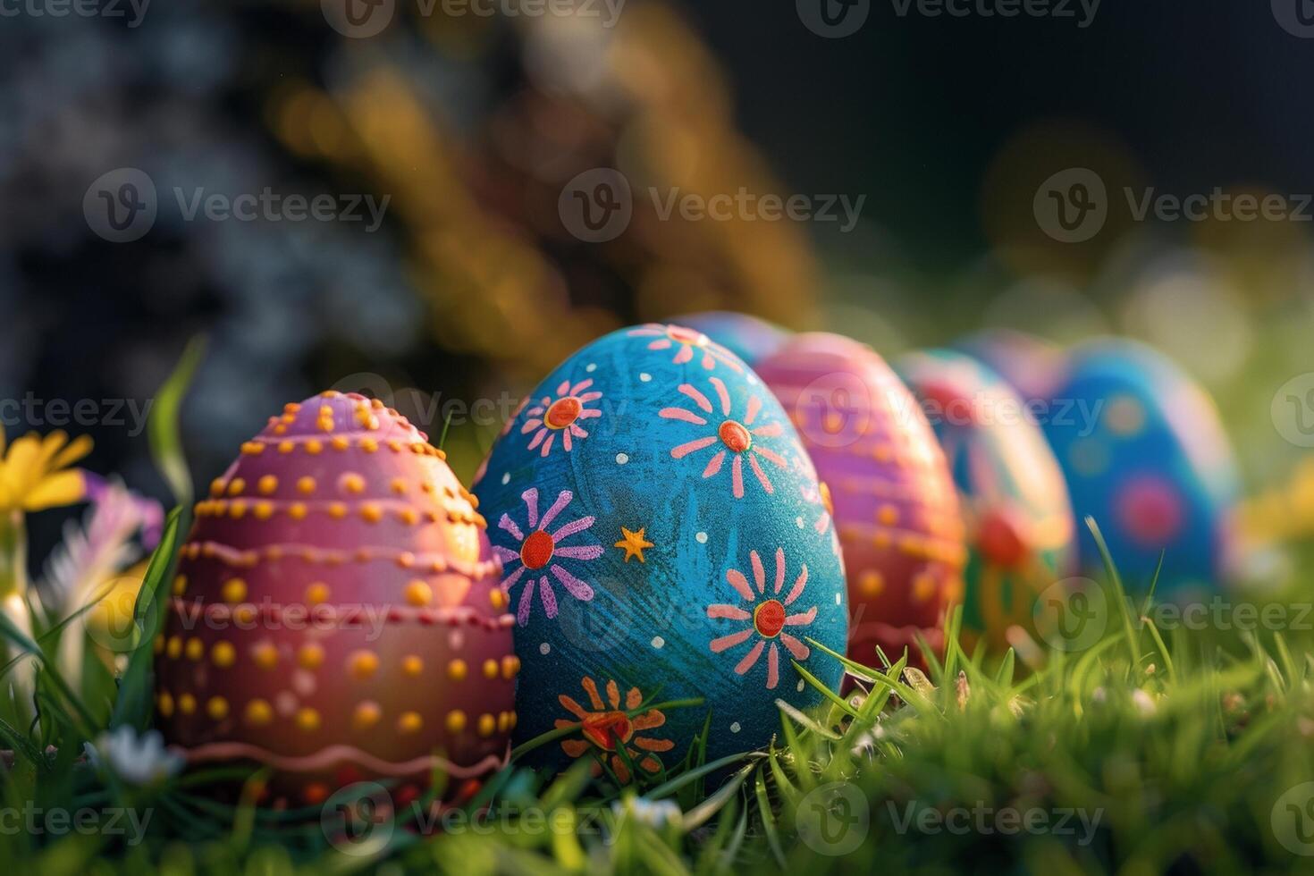 ai gegenereerd kleurrijk Pasen eieren versierd met patronen resting Aan levendig voorjaar gras temidden van wilde bloemen, badend in zonlicht foto