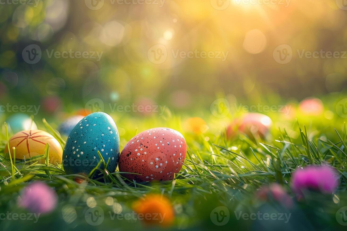 ai gegenereerd kleurrijk Pasen eieren versierd met patronen resting Aan levendig voorjaar gras temidden van wilde bloemen, badend in zonlicht foto