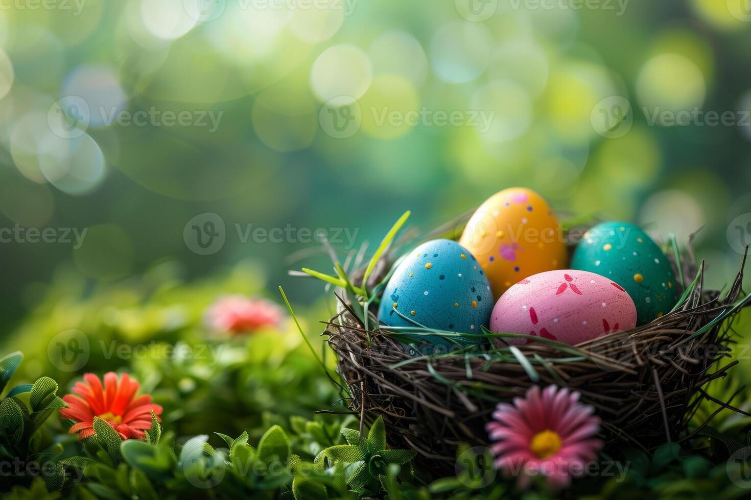 ai gegenereerd kleurrijk Pasen eieren versierd met patronen resting Aan levendig voorjaar gras temidden van wilde bloemen, badend in zonlicht foto