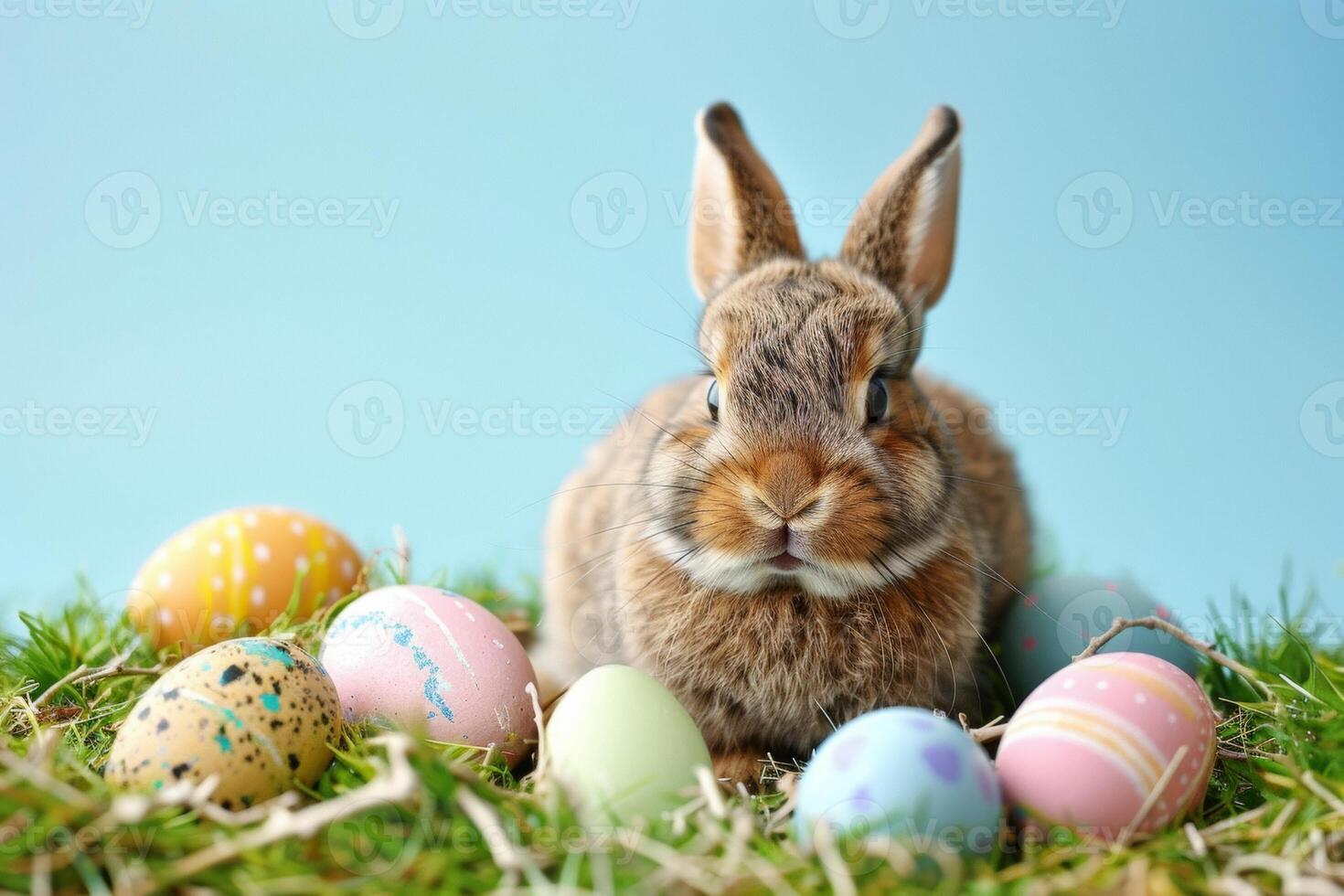 ai gegenereerd een teder konijn genesteld tussen pastel Pasen eieren en bloeiend bloemen onder een zacht, dromerig licht foto