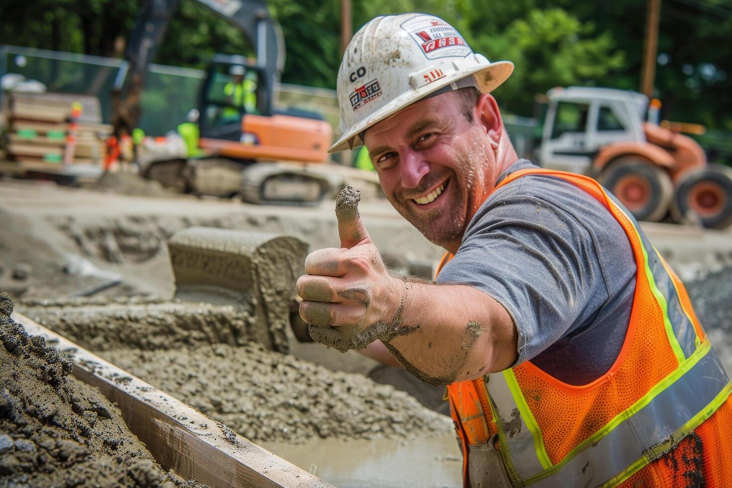 ai gegenereerd een bouw arbeider enthousiast geven een duimen omhoog terwijl gieten beton in een fundament tonen toewijding naar de project foto