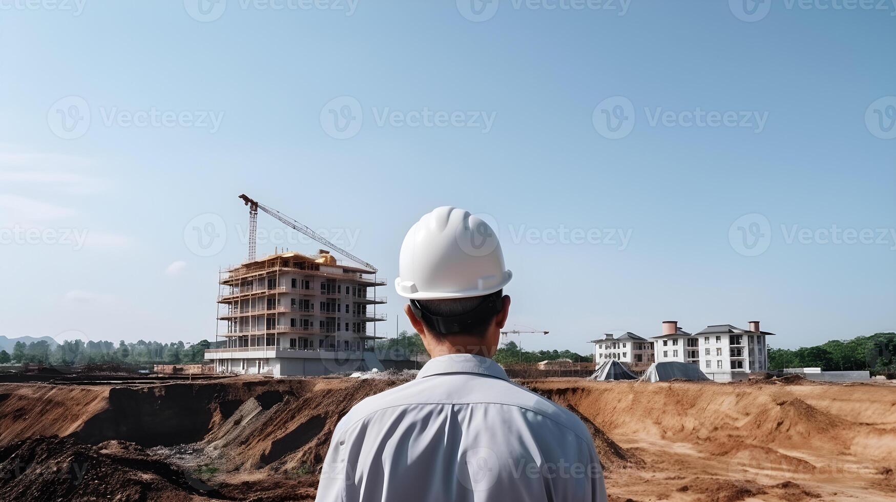 ai gegenereerd een Mens in een moeilijk hoed op zoek Bij een bouw plaats foto