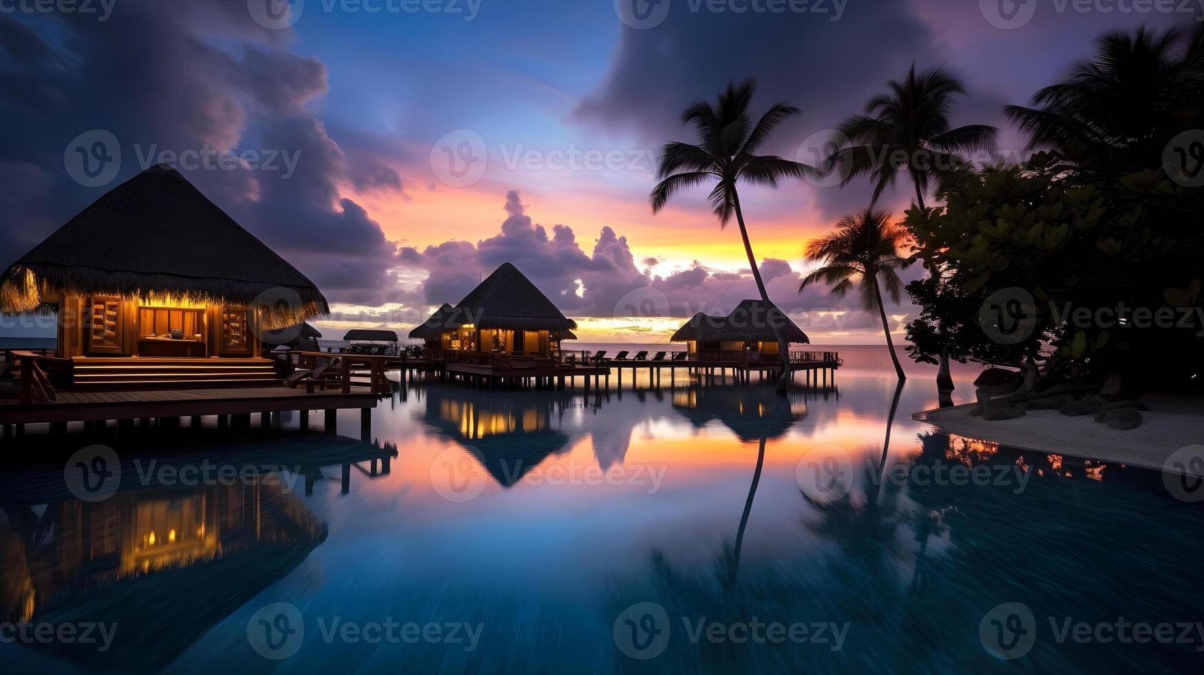 ai gegenereerd een mooi zonsondergang over- de water met palm bomen foto