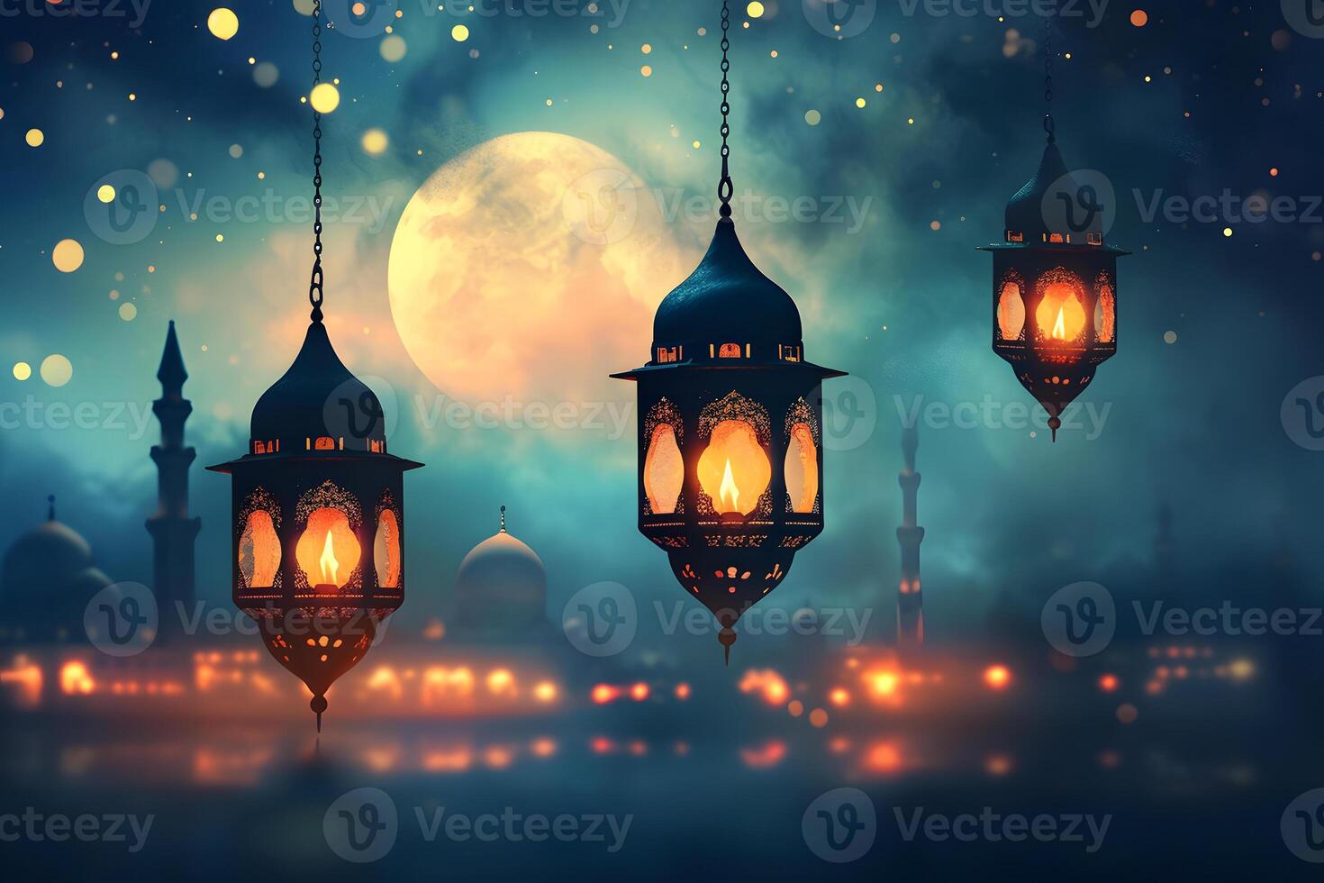 ai gegenereerd fanatiek Ramadan lantaarns Bij nacht met moskee in de achtergrond foto