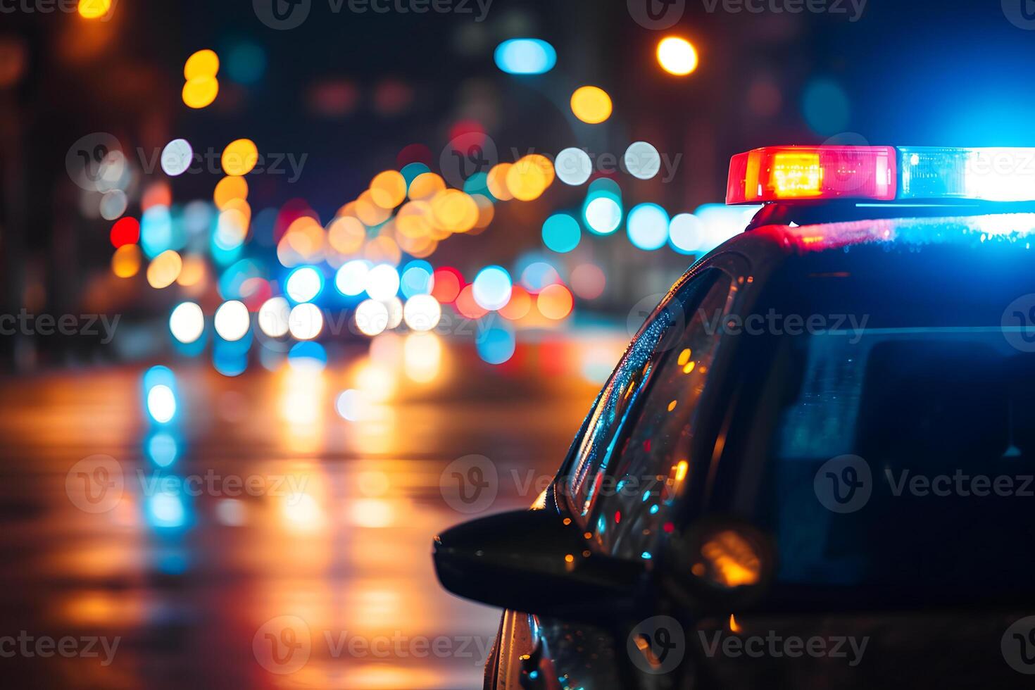 ai gegenereerd Politie auto lichten Bij nacht in stad straat met selectief focus en bokeh foto