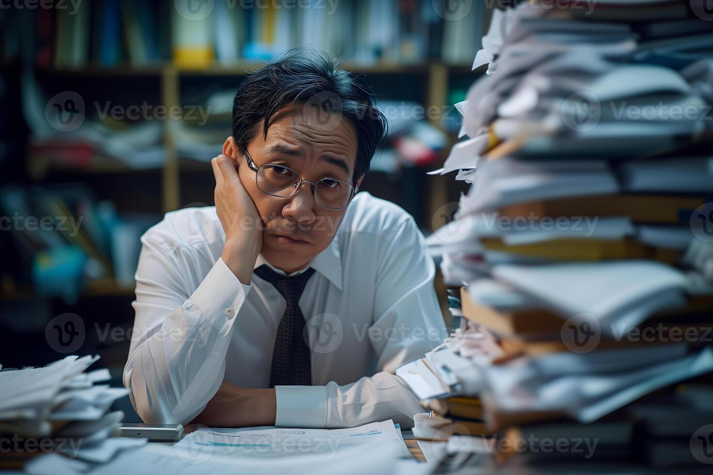 ai gegenereerd Aziatisch Mens in een kantoor, overweldigd door een bergen van papierwerk foto