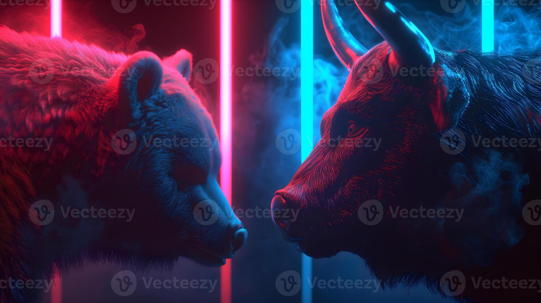 ai gegenereerd beer en stier gaan hoofd naar hoofd met roze en cyaan neon verlichting, in de stijl van cyberpunk voorraad markt, wild en gedurfd foto