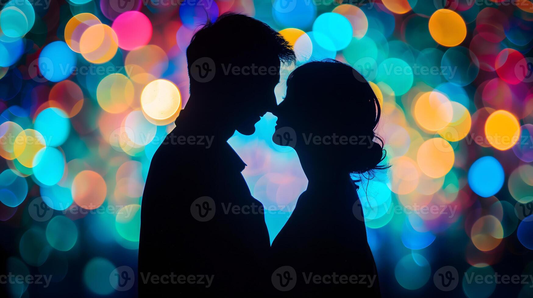 ai gegenereerd silhouet van een paar met een kleurrijk bokeh achtergrond foto