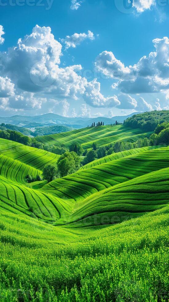 ai gegenereerd verticaal illustratie van mooi groen heuvels en weiden met een blauw bewolkt lucht foto