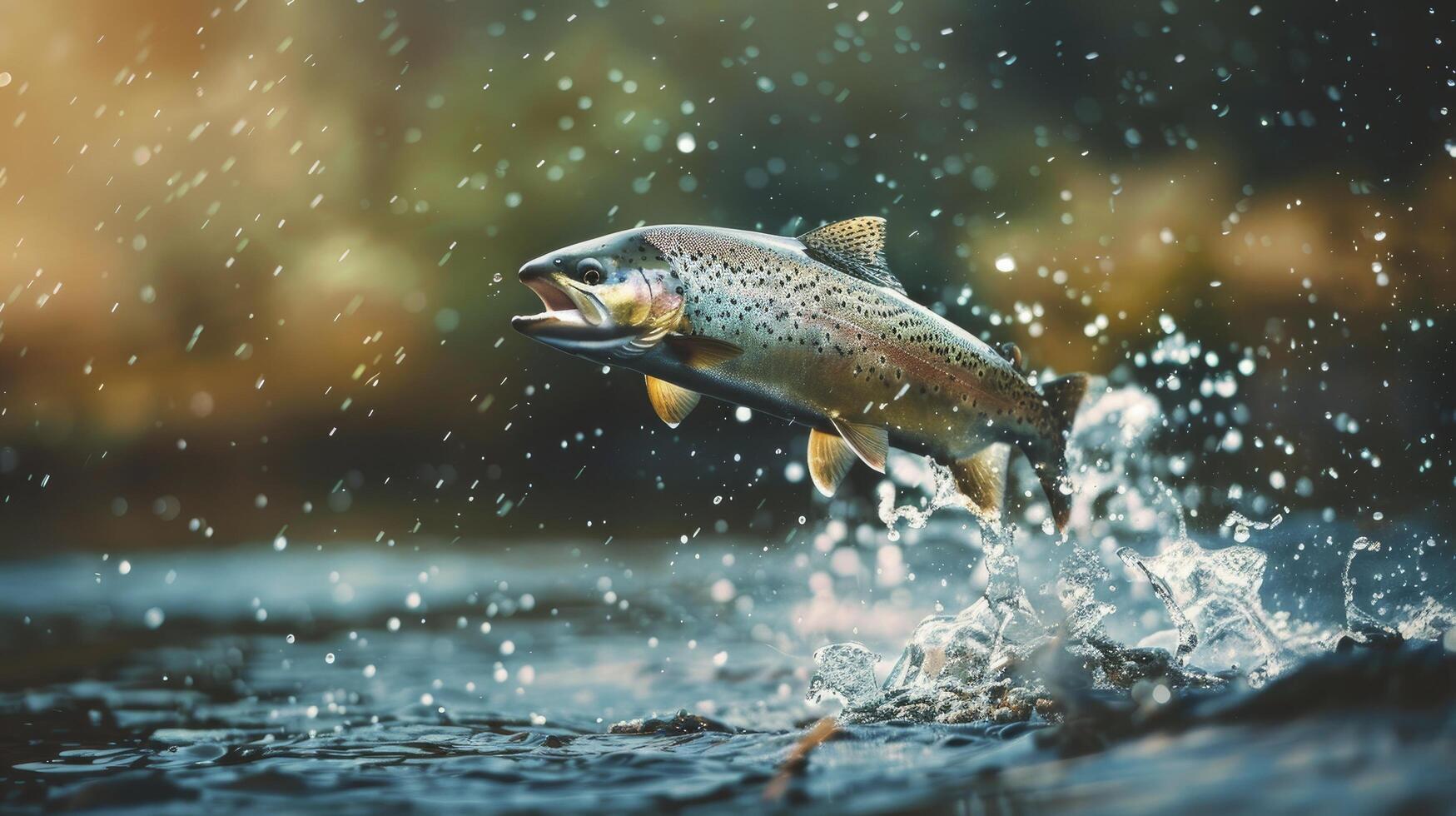 ai gegenereerd forel jumping uit van de water. visvangst concept foto