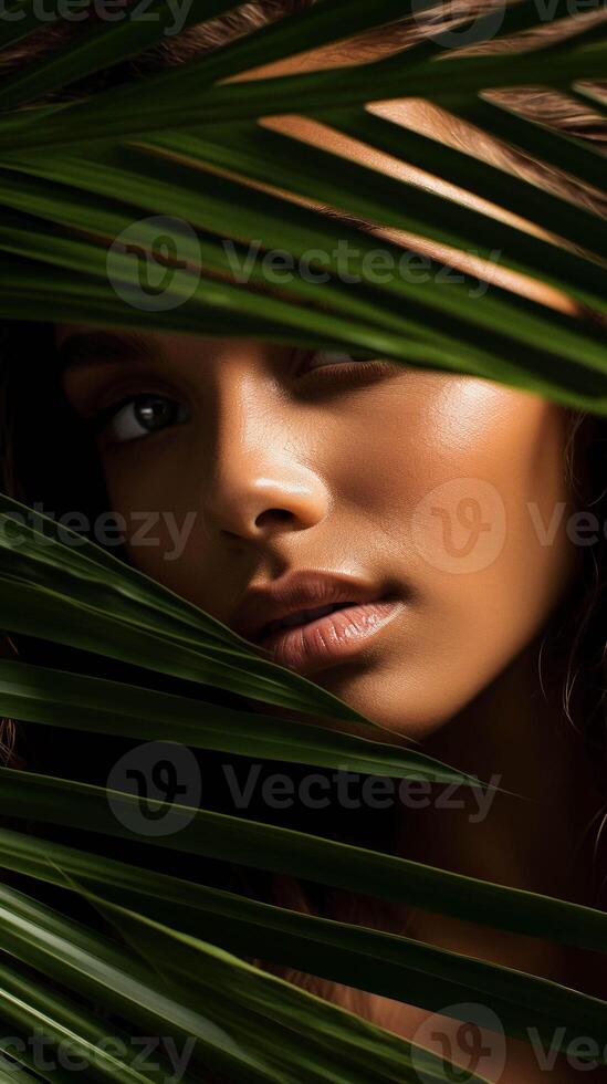 ai gegenereerd vrouw gezicht omringd door bladeren. ai gegenereerd detailopname foto met wild atmosfeer perfect voor biologisch cosmetica, vrouwen merken, welzijn website