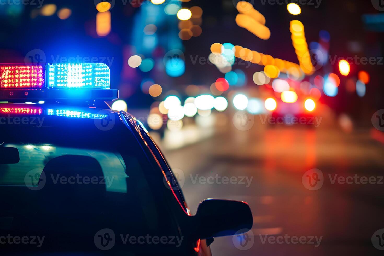 ai gegenereerd Politie auto lichten Bij nacht in stad straat met selectief focus en bokeh foto