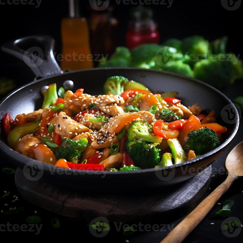 ai gegenereerd roergebakken kip met champignons en groenten Aan een zwart achtergrond foto