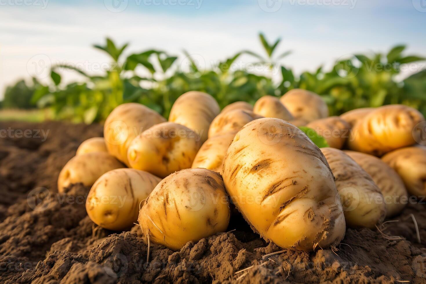 ai gegenereerd geoogst aardappelen Aan een veld- in de licht van de instelling zon foto